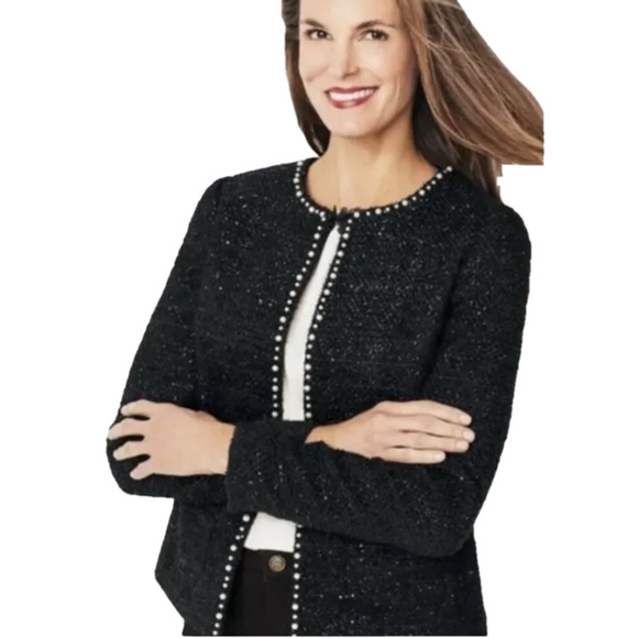 RSVP by Talbots Wool Blend Shimmer Boucle Tweed Jacket with Pearl Trim NWOT - Picture 2 of 16